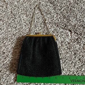 Vintage 50s small black beaded handbag w/gold tone chain